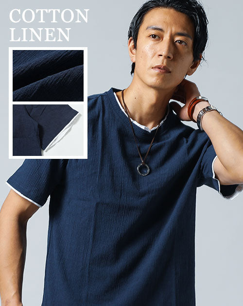 綿麻素材フェイクレイヤード半袖クルーネックＴシャツ