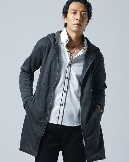 カット素材ジップロングパーカーコーディガン