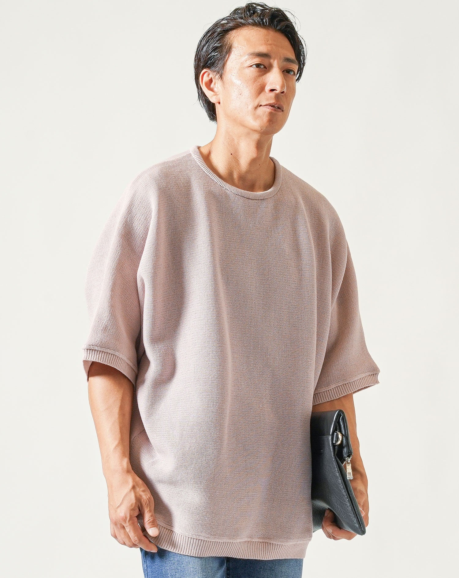 夏用涼しいドルマンオーバーサイズ半袖サマーニットTシャツ ｜ メンズ