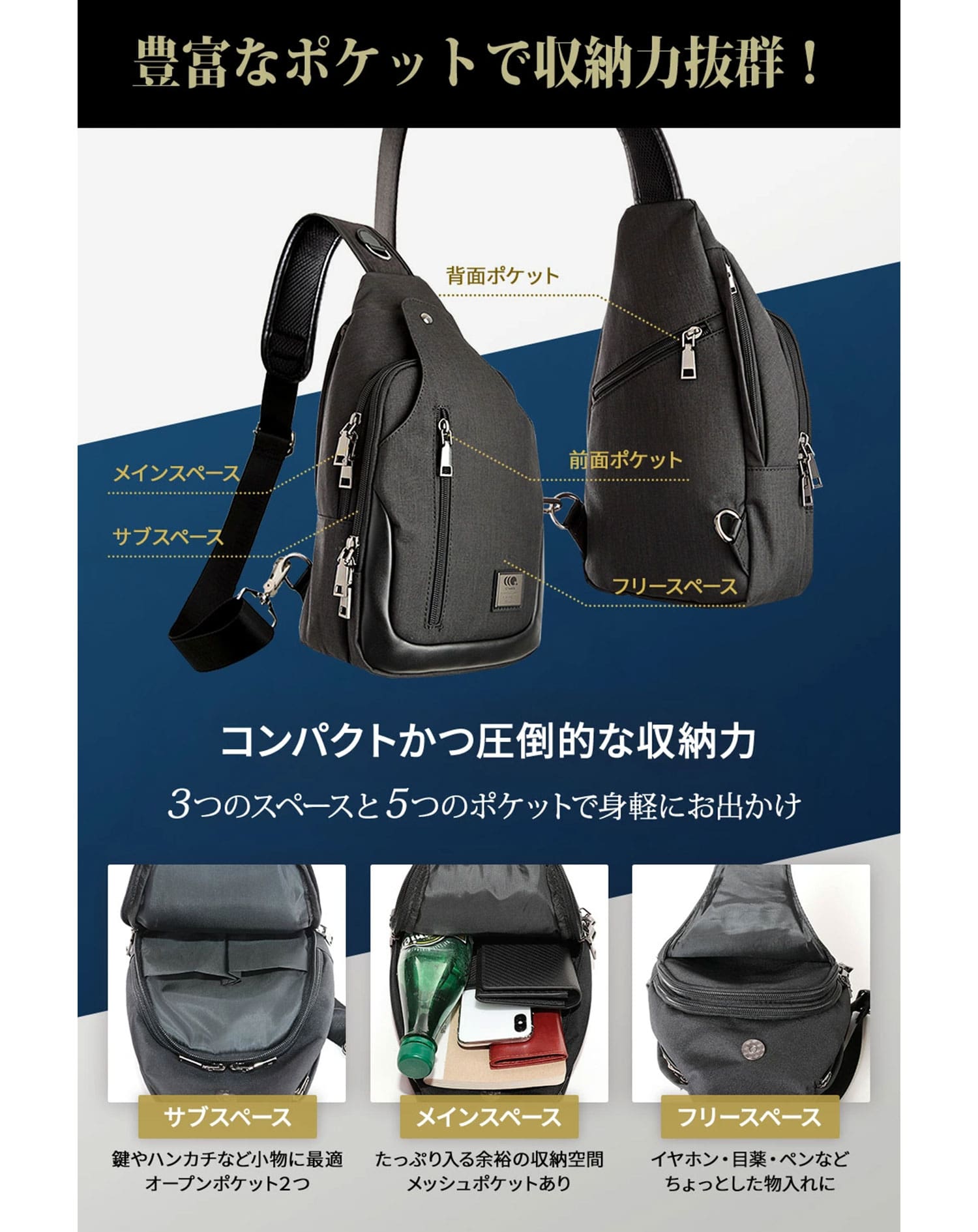 撥水加工斜めがけコンパクトボディバッグ ボディバッグ メンズ