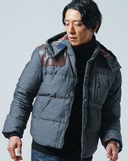 裏地チェックPUレザー切り替えデニムダウンジャケット