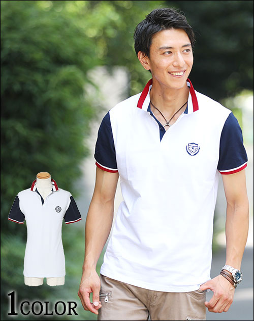 トリコ襟刺繍入り切り替えデザイン半袖ポロ