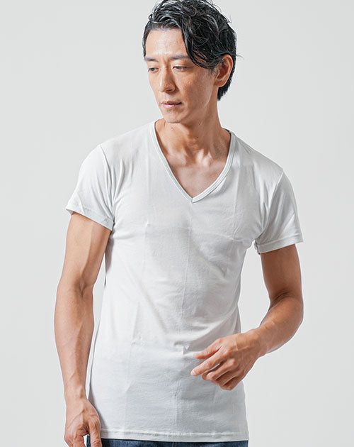 「白シャツの下からでも透けにくい」ドライ加工半袖VネックインナーTシャツ 2枚セット