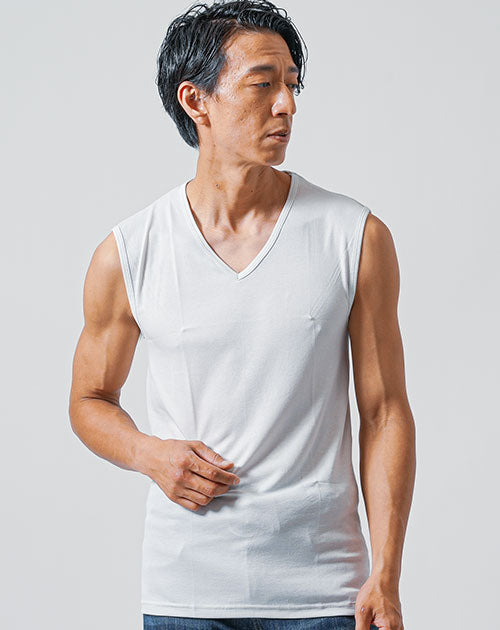 「白シャツの下からでも透けにくい」ドライ加工半袖ノースリーブVネックTシャツ 2枚セット