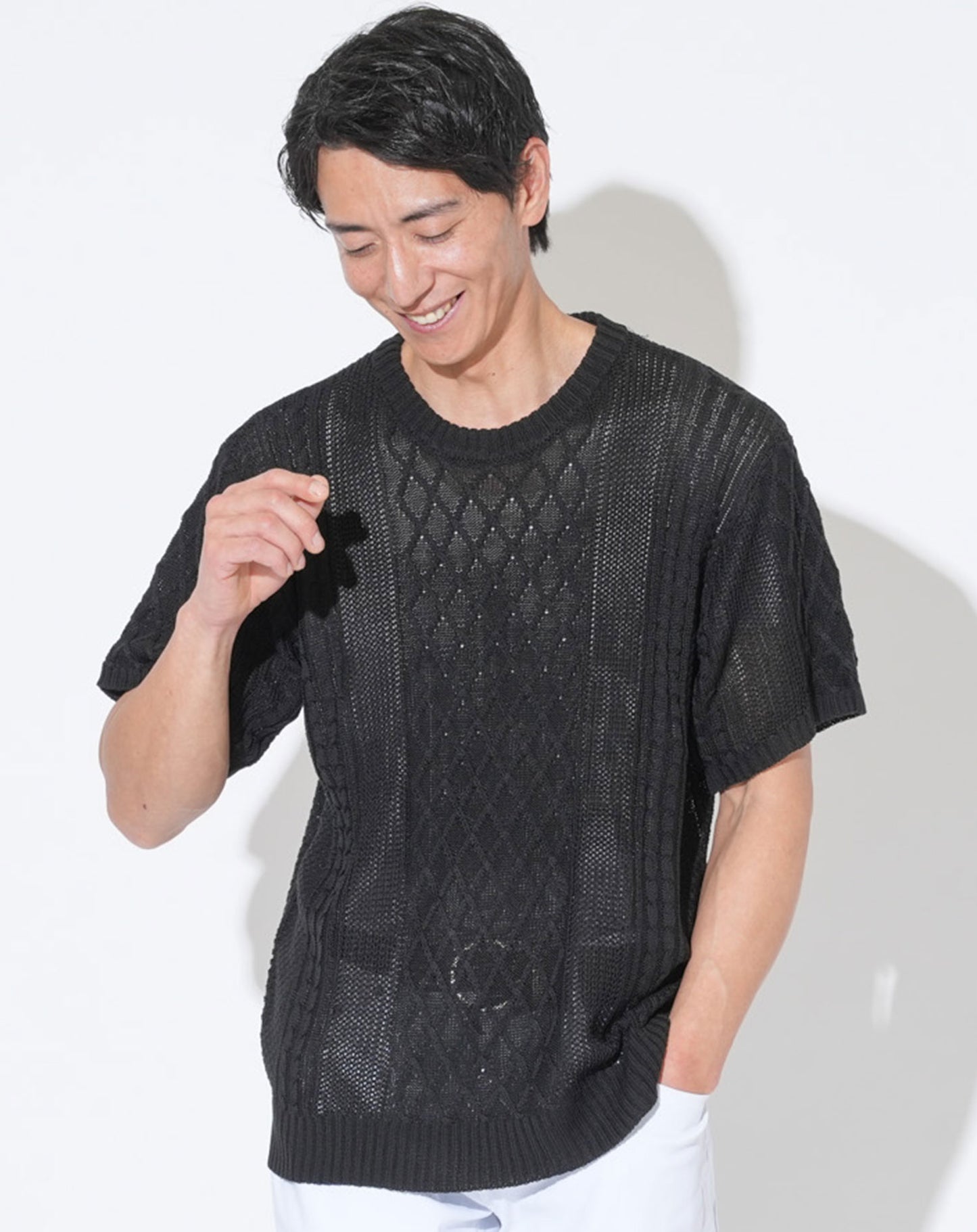 アラン編みVネック半袖サマーニットソー