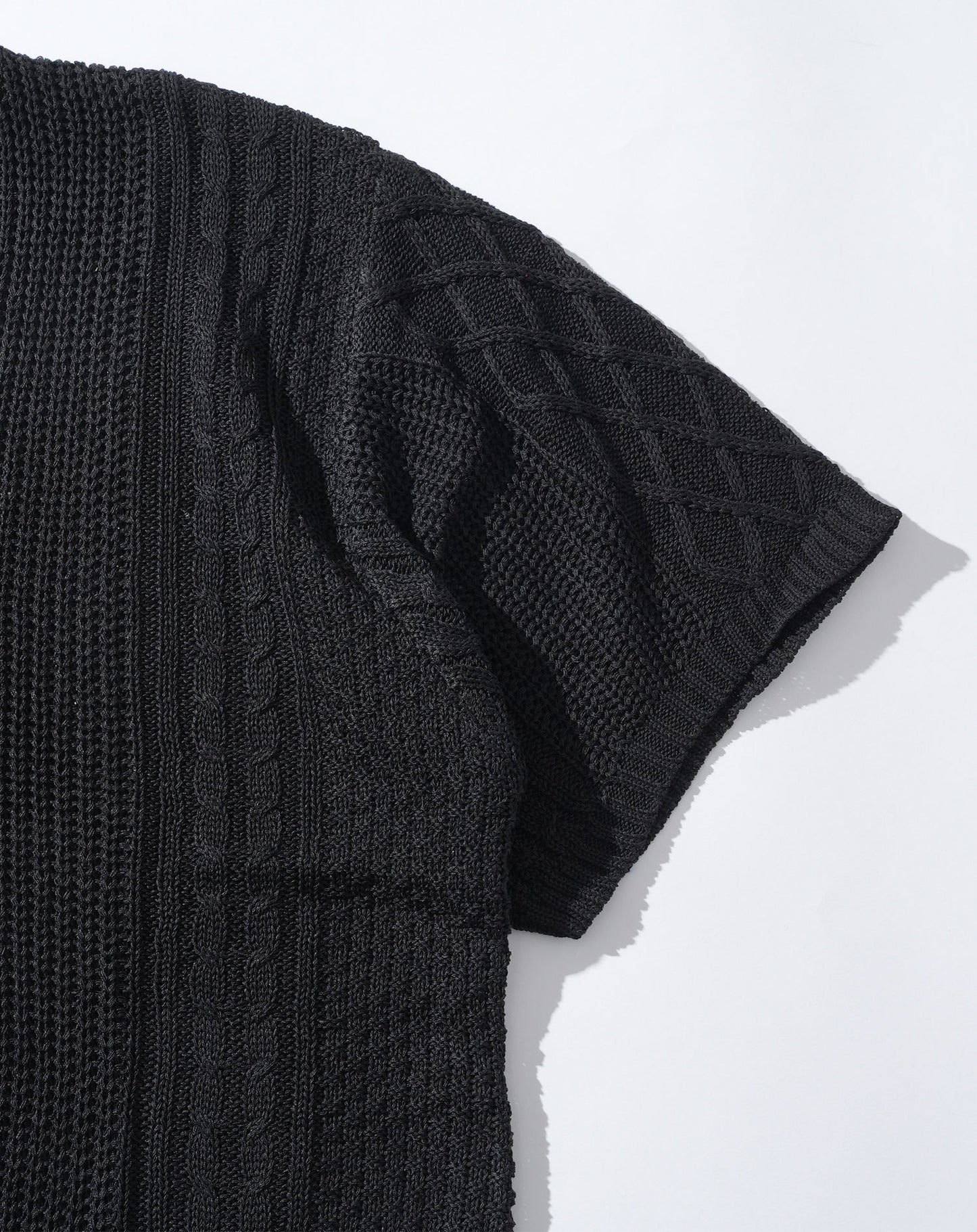 綿麻素材アラン編みⅤネック半袖サマーニット