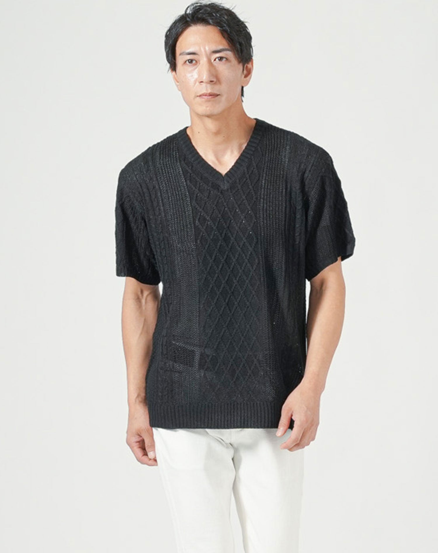 綿麻素材アラン編みⅤネック半袖サマーニット