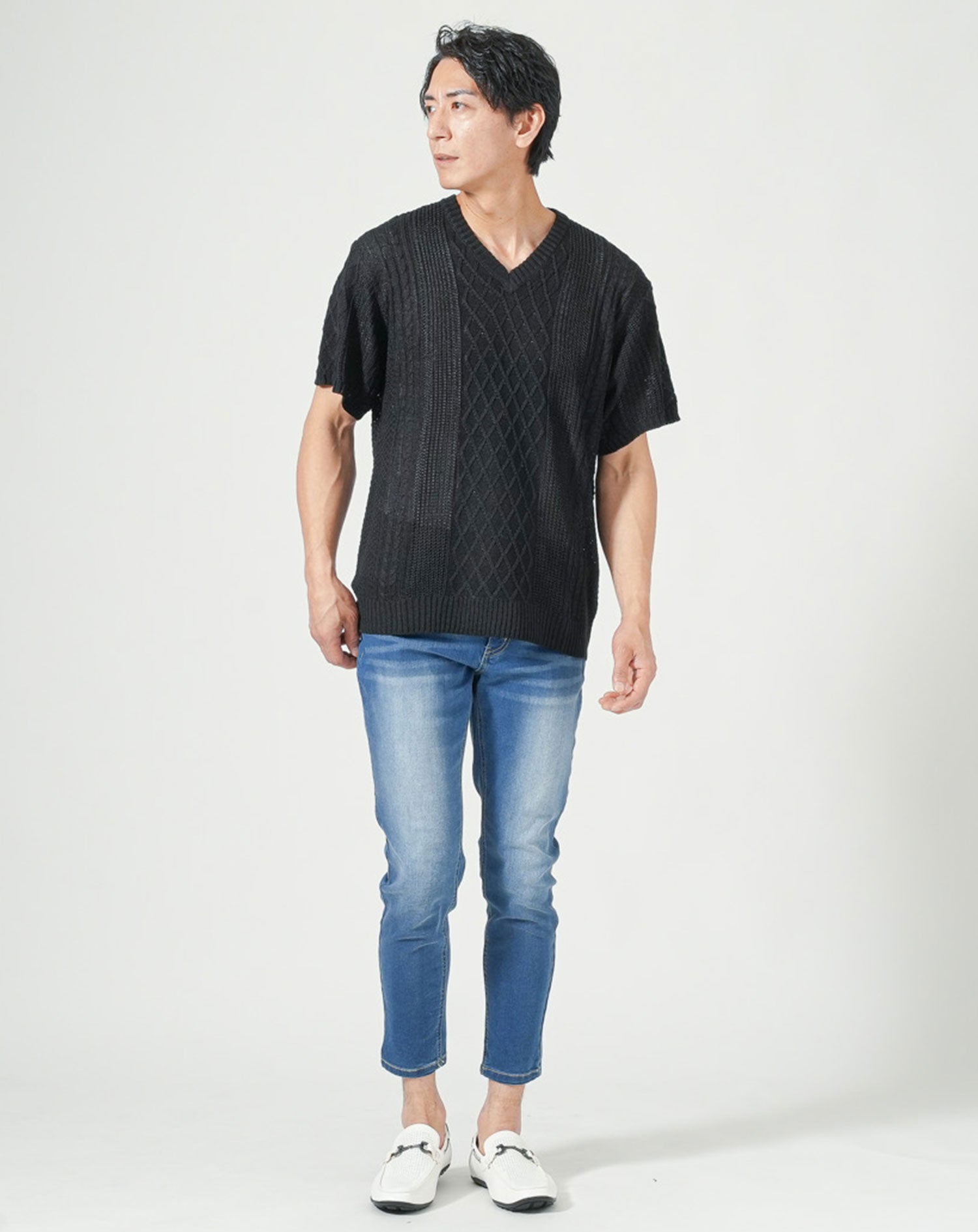 綿麻素材アラン編みⅤネック半袖サマーニット