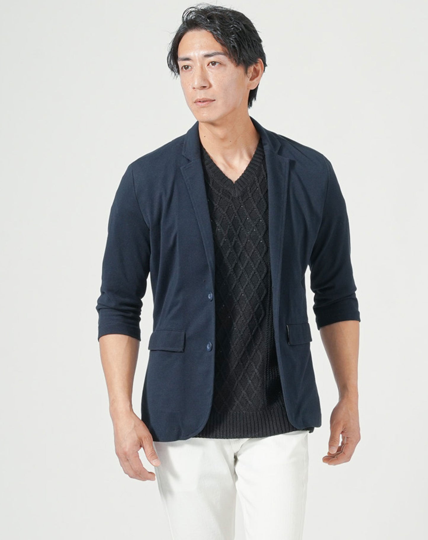 綿麻素材アラン編みⅤネック半袖サマーニット