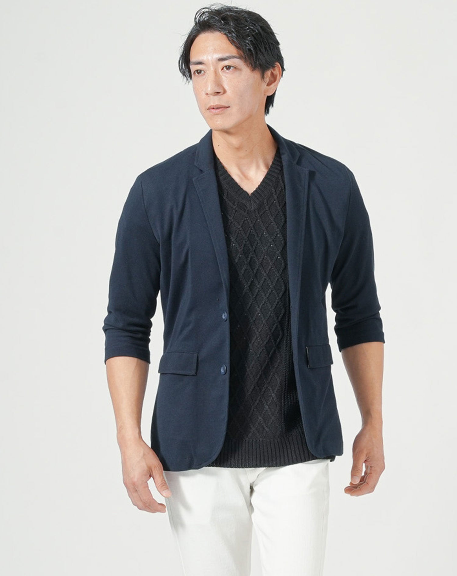 綿麻素材アラン編みⅤネック半袖サマーニット