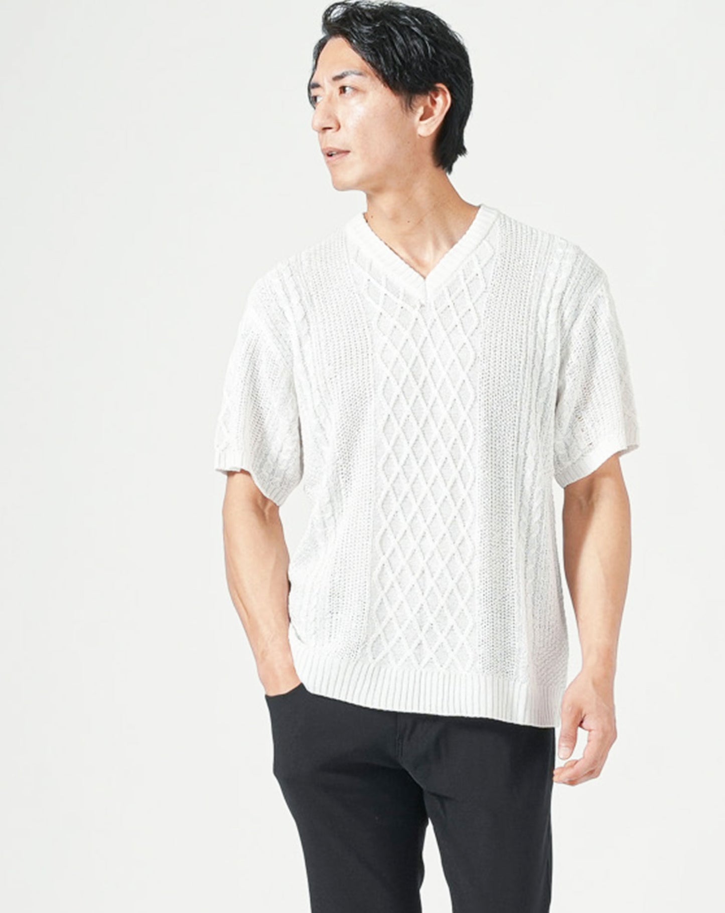 綿麻素材アラン編みⅤネック半袖サマーニット