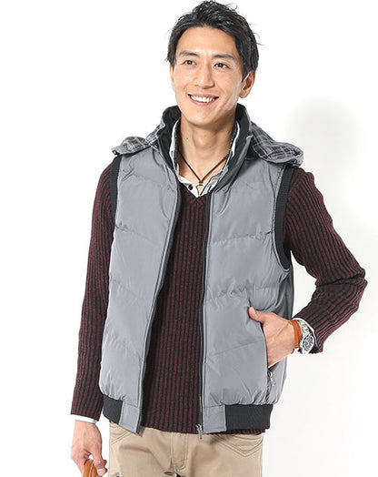 裏地チェックデザイン中綿ダウンベスト