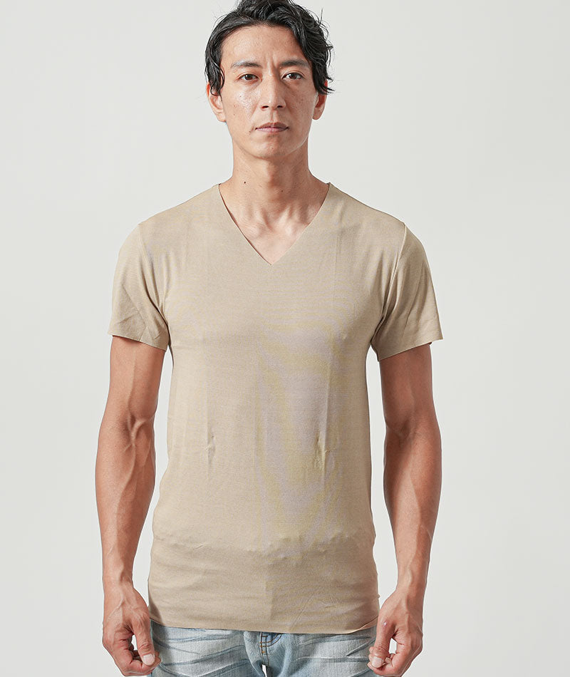 「白シャツの下からでも透けにくい」ドライ加工半袖カットオフVネックTシャツ