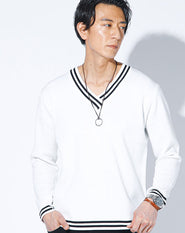 ライン入り長袖Vネックニット