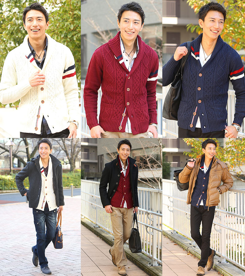 アラン編みトリコロールショールカラーカーディガン