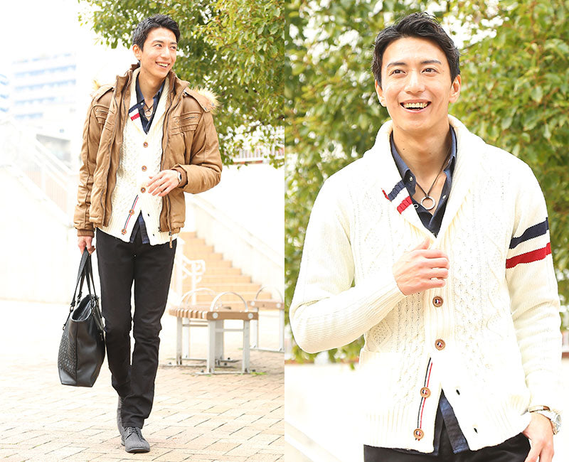 アラン編みトリコロールショールカラーカーディガン