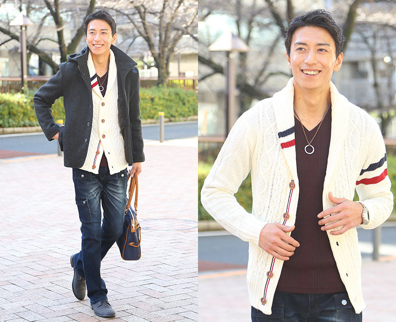 アラン編みトリコロールショールカラーカーディガン