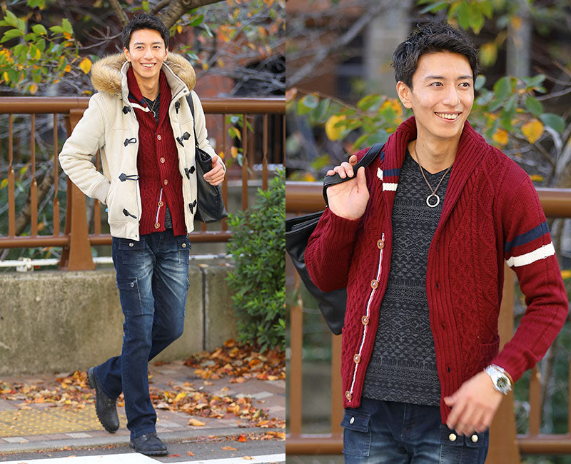 アラン編みトリコロールショールカラーカーディガン