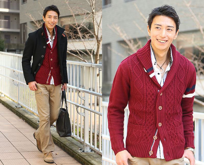 アラン編みトリコロールショールカラーカーディガン