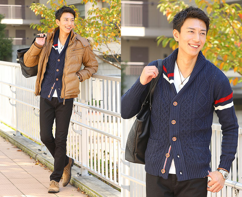 アラン編みトリコロールショールカラーカーディガン