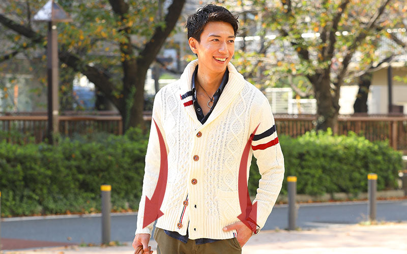 アラン編みトリコロールショールカラーカーディガン