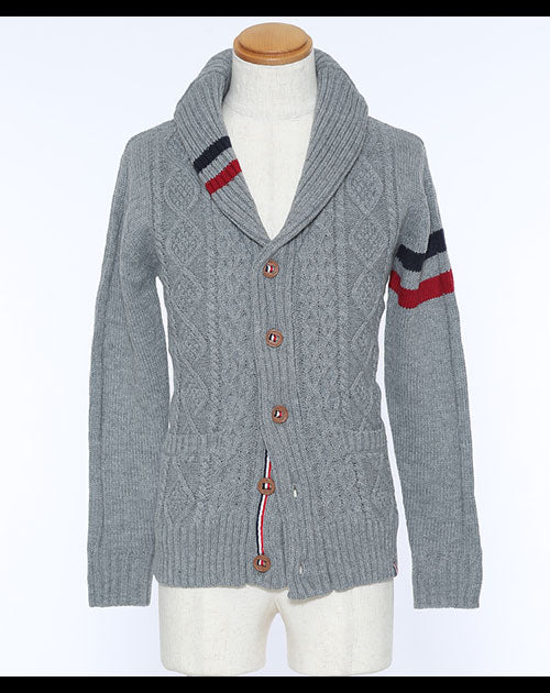 アラン編みトリコロールショールカラーカーディガン