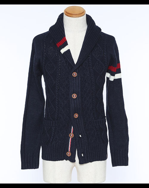 アラン編みトリコロールショールカラーカーディガン