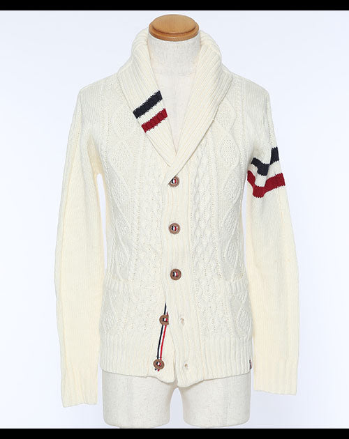 アラン編みトリコロールショールカラーカーディガン