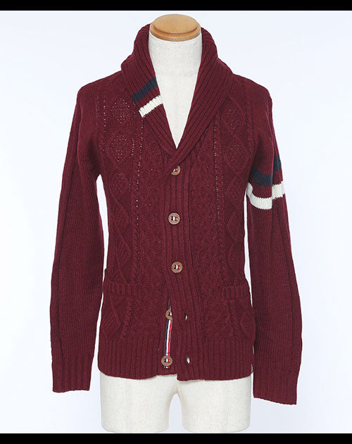 アラン編みトリコロールショールカラーカーディガン