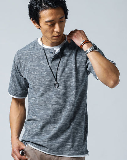フェイクレイヤードヘンリーネック半袖Ｔシャツ×リングネックレス　2点セット