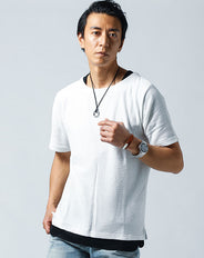 フェイクレイヤード梨地クルーネックTシャツ×リングネックレス 2点セット
