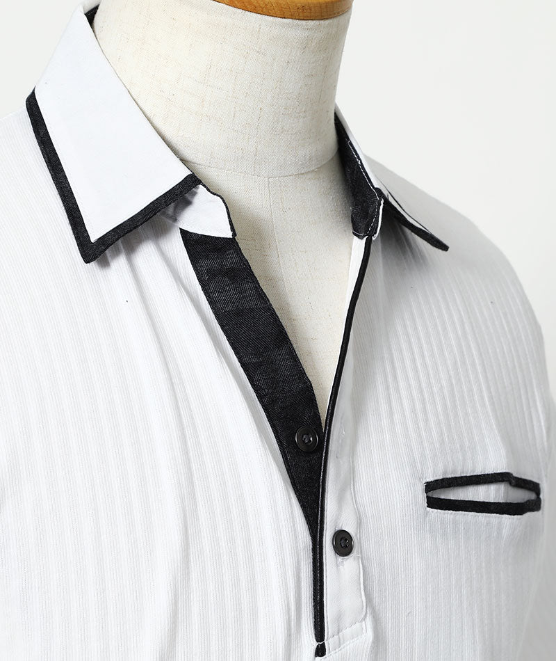 針抜きテレコ素材切り替えデザイン半袖スキッパーポロシャツ