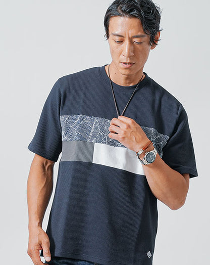 胸元切り替えワッフル素材半袖クルーネックTシャツ