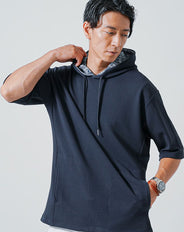 ドライワッフル素材オーバーサイズ5分袖プルオーバーパーカー