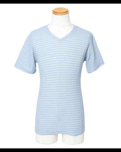 裏地ボーダーデザインフェイクレイヤード半袖カットソー