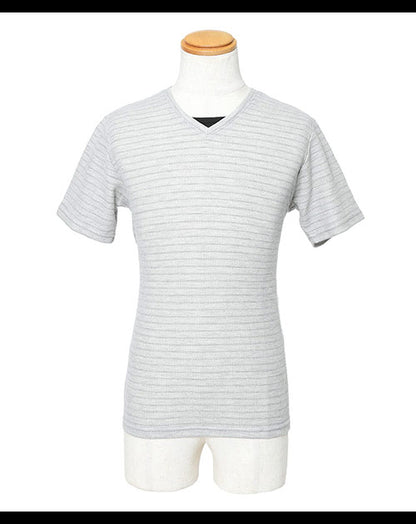 裏地ボーダーデザインフェイクレイヤード半袖カットソー