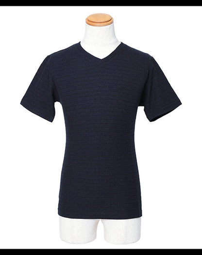 裏地ボーダーデザインフェイクレイヤード半袖カットソー