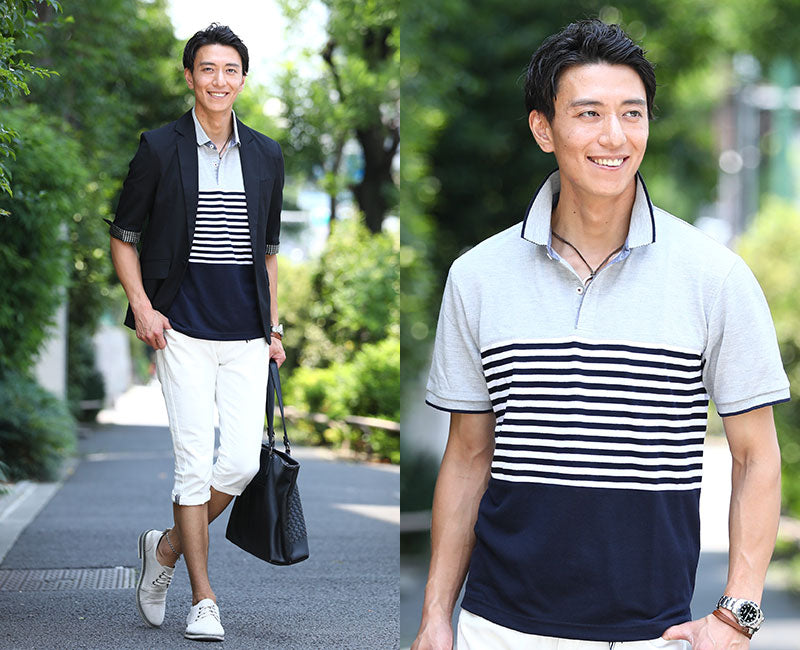 ボーダー切り替えデザイン半袖ポロシャツ ｜ メンズファッション通販