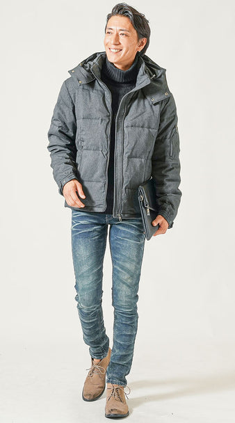 40代メンズにおすすめのグレーダウンとデニムの冬ファッション