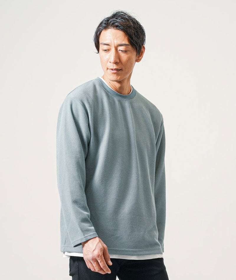 鹿の子編み長袖クルーネックTシャツ×半袖Tシャツ　2枚セット