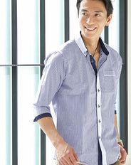 ドット切り替えデザイン7分袖ストライプシャツ