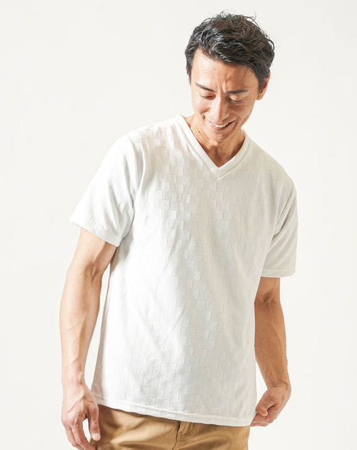 格子柄ストレッチ半袖VネックTシャツ