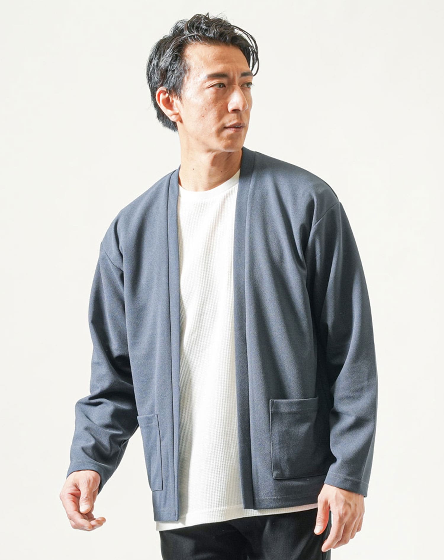 メンズ服（ジーンズ2本、カーディガン、シャツなど） 梨地ツイルボタンレスカーディガン×白Tシャツ2点セットメンズスリム春
