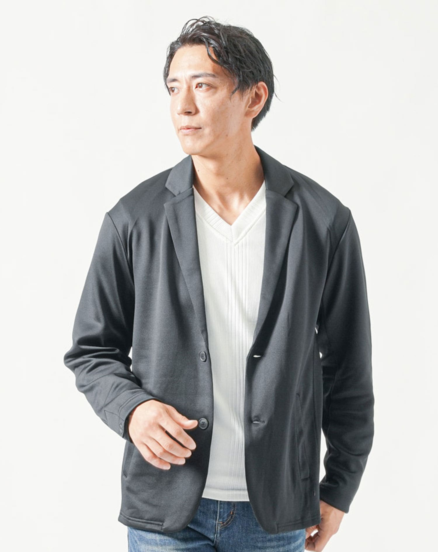 細身ジャージー長袖ストレッチテーラードジャケット メンズちょいワル