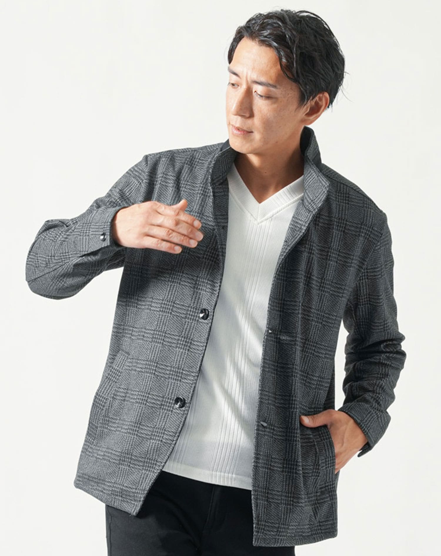 起毛素材グレンチェック長袖スタンドカラージャケット スタンドカラー