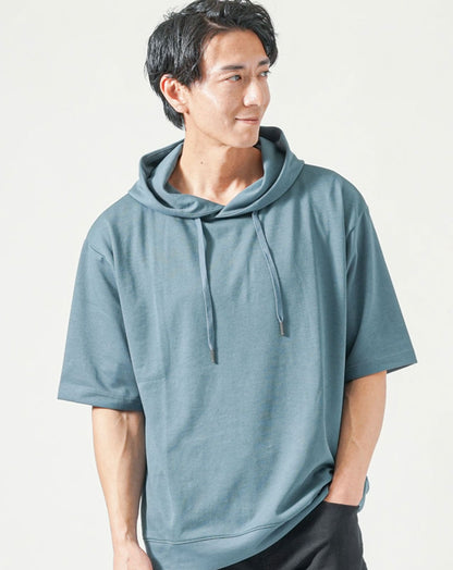 涼しい接触冷感オーバーサイズ半袖プルオーバーパーカー