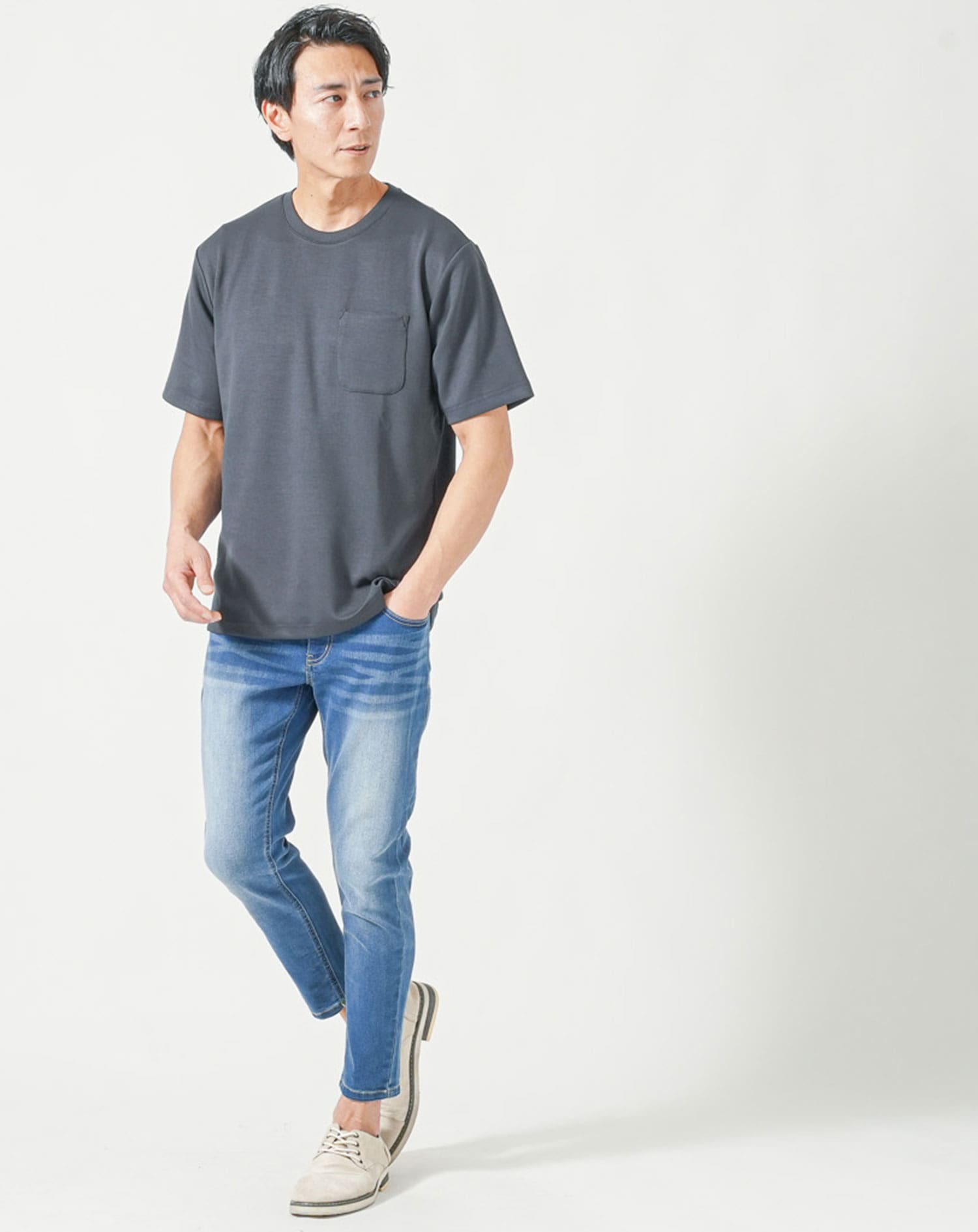 夏用涼しい接触冷感ストレッチ半袖クルーネックTシャツ メンズ
