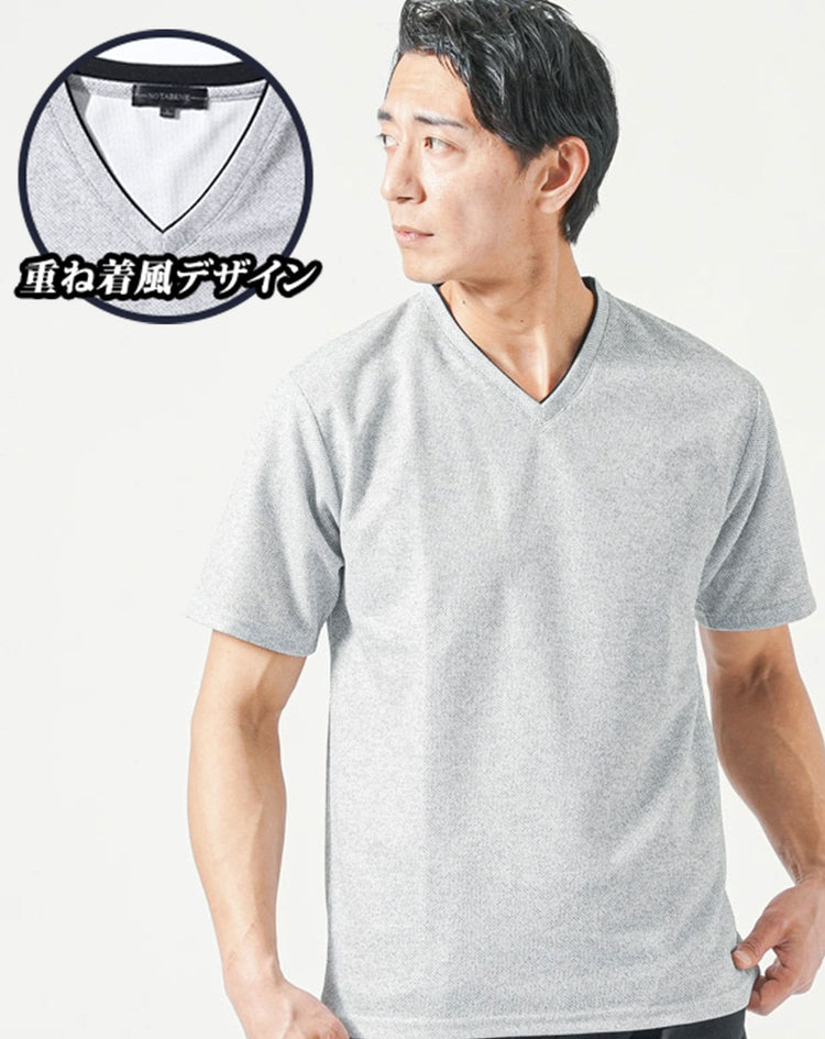 フェイクレイヤードジャガード半袖VネックTシャツ