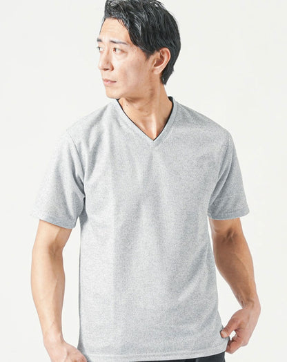 フェイクレイヤードジャガード半袖VネックTシャツ