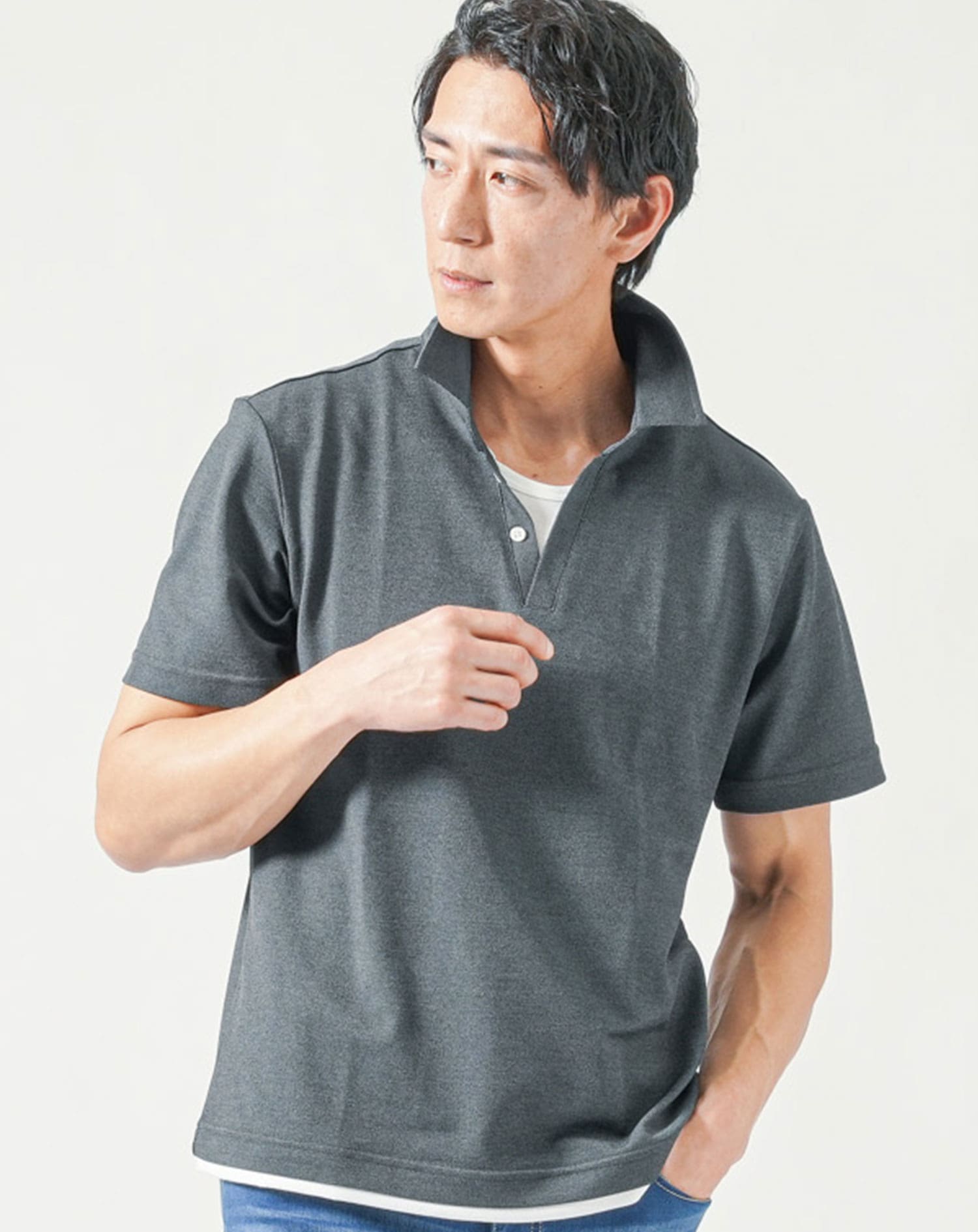フェイクレイヤード鹿の子半袖ポロシャツ